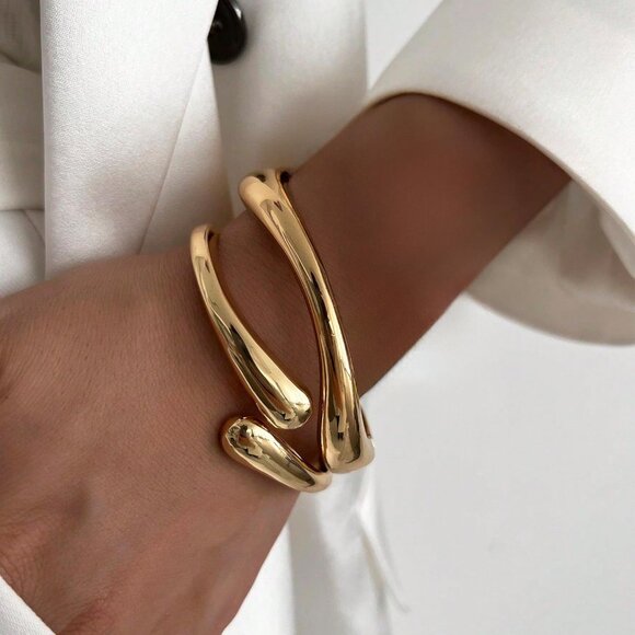 Trendy Gold-2Set Bangle bracelet Women teen chunky adjustable twist cuff jewelry - Picture 5 of 6